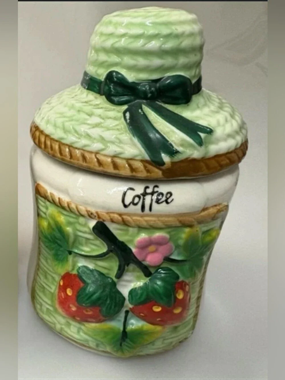 Ceramic Strawberry Coffee Canister - Green Vintage